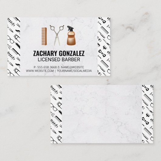 Barber Tools Set | Barber Gereedschap Patroon Marm Klantenkaartje (Voorkant / Achterkant)