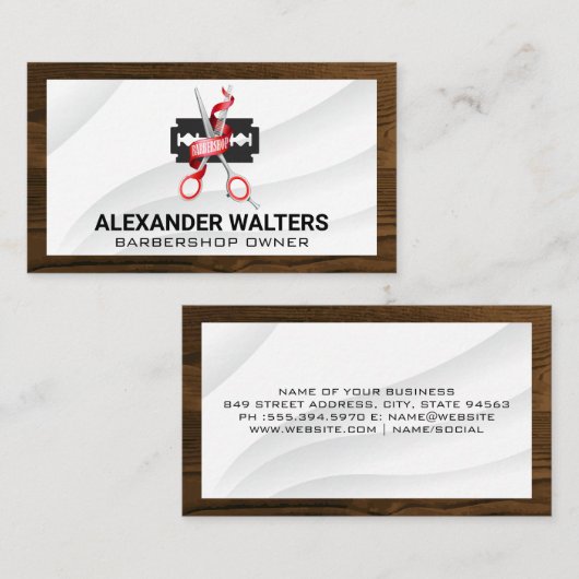 Barber Tools Wood Trim Border Visitekaartje (Voorkant / Achterkant)