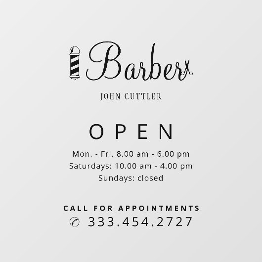 Barber winkelnaam openingstijden sticker (Vel)