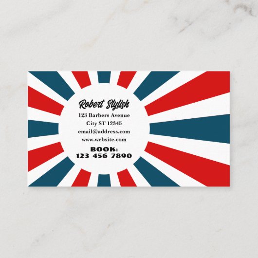 Barber Zonnestralen blauw en rode strepen met logo Visitekaartje (Achterkant)