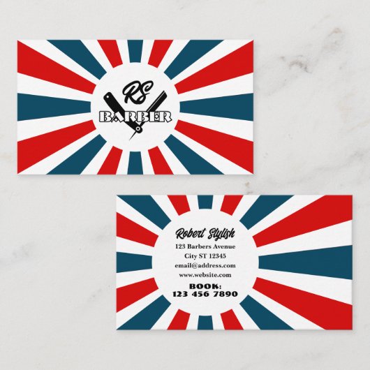 Barber Zonnestralen blauw en rode strepen met logo Visitekaartje (Voorkant / Achterkant)