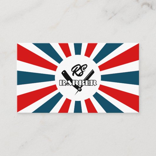 Barber Zonnestralen blauw en rode strepen met logo Visitekaartje (Voorkant)