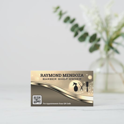 Barbergereedschap | QR-code | Metaal | Sparkle Gol Visitekaartje (Staand voorkant)