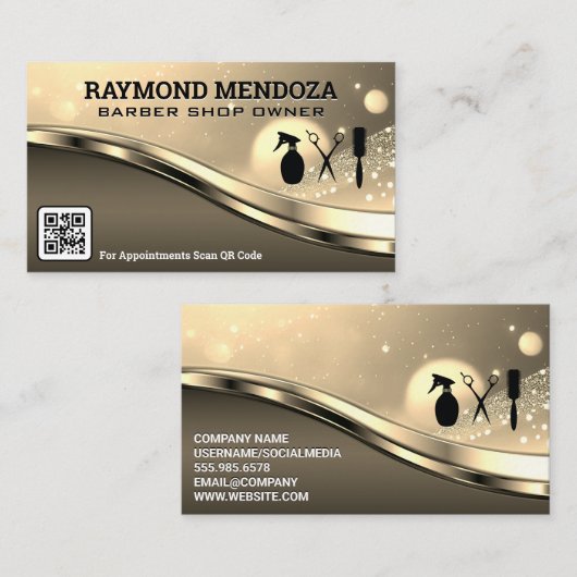 Barbergereedschap | QR-code | Metaal | Sparkle Gol Visitekaartje (Voorkant / Achterkant)