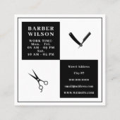 Barbergereedschappen jas zwart wit vierkante visitekaartje (Achterkant)
