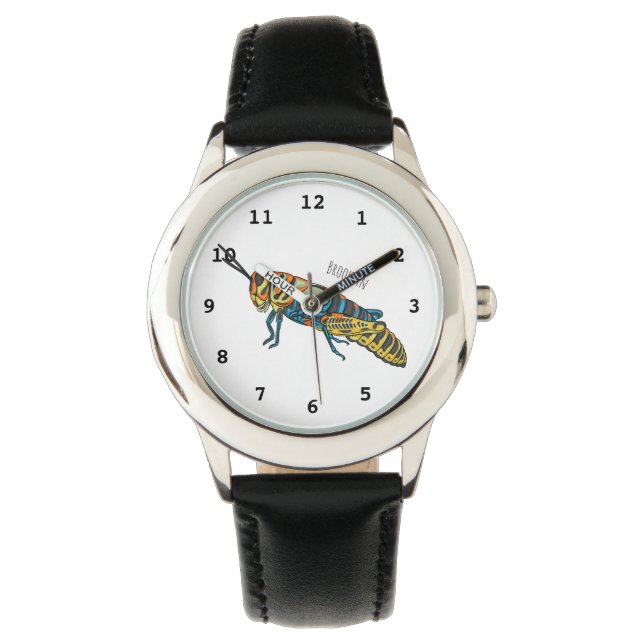 Barberpoolsprinkhaan, afbeelding cartoon horloge (Voorkant)