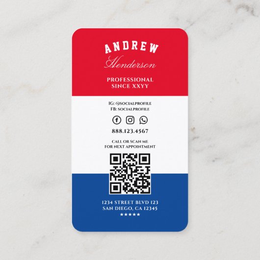 Barbershop Barber Rood Wit Blauw Modern Visitekaartje (Achterkant)