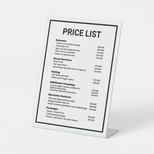 Barbershop Barber Shop Prijslijst Service Menu Reclamebord Met Voetstuk (Voorkant)