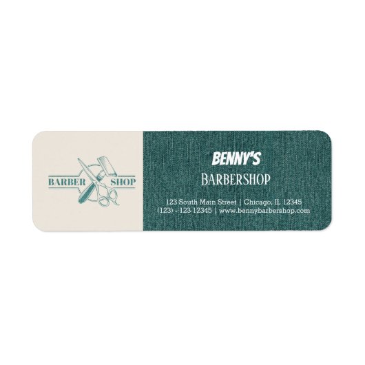 Barbershop blauwe jeans textuur etiket (Voorkant)
