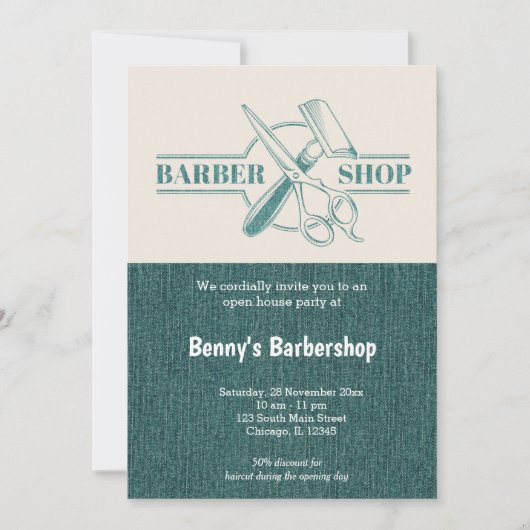 Barbershop blauwe jeans textuur open dag kaart (Voorkant)