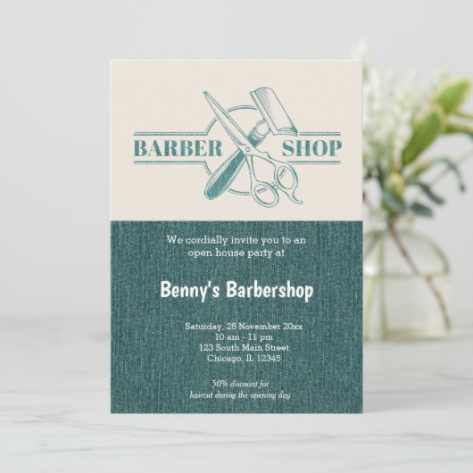 Barbershop blauwe jeans textuur open dag kaart (Staand voorkant)