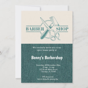 Barbershop blauwe jeans textuur open dag kaart