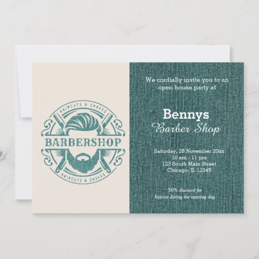 Barbershop blauwe jeans textuur open dag kaart (Voorkant)