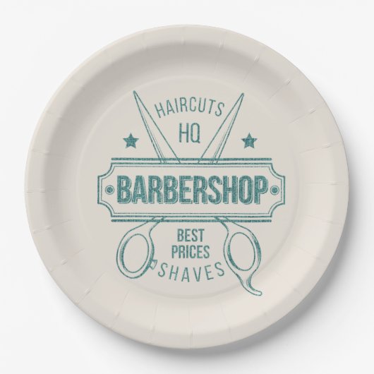 Barbershop blauwe jeans textuur papieren bordje (Voorkant)