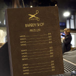 Barbershop — bruin leder — keuzemenu fotoplaat<br><div class="desc">Luxe sjabloon tegen de exclusieve prijs voor een kappershairstylist winkel met faux goudscript op een donkerbruine lederen achtergrond. Houd er rekening mee dat de ledertextuur is AFDRUKT.</div>