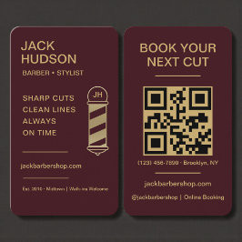 Barbershop Burgundy Gold Barber Haircut QR Code Visitekaartje