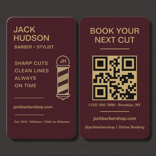 Barbershop Burgundy Gold Barber Haircut QR Code Visitekaartje