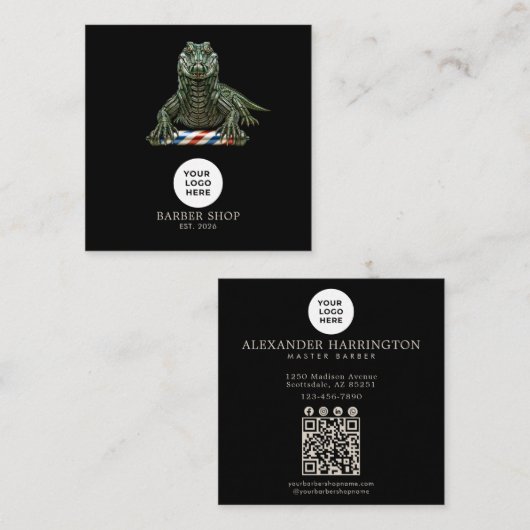 Barbershop Emerald Alligator Professioneel Qr Code Vierkante Visitekaartje (Voorkant / Achterkant)