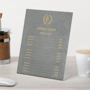 Barbershop faux grijs leer prijslijst diensten reclamebord met voetstuk