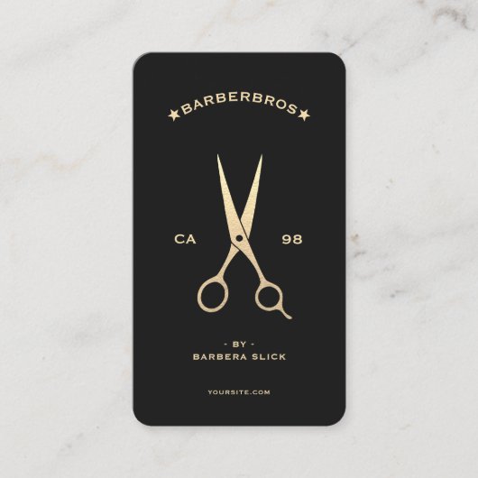 Barbershop Haarstylist Zwart Gouden Schaar Modern Visitekaartje (Voorkant)