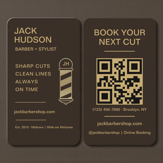 Barbershop Mocha Brown Gold Barber Haircut QR Code Visitekaartje
