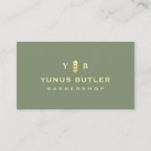 Barbershop Monogram Sage Green Gold Barber Pole Visitekaartje (Voorkant)