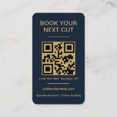 Barbershop Navy Blue Gold Barber Haircut QR Code Visitekaartje (Achterkant)