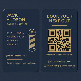 Barbershop Navy Blue Gold Barber Haircut QR Code Visitekaartje