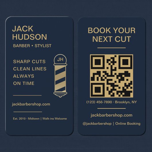 Barbershop Navy Blue Gold Barber Haircut QR Code Visitekaartje