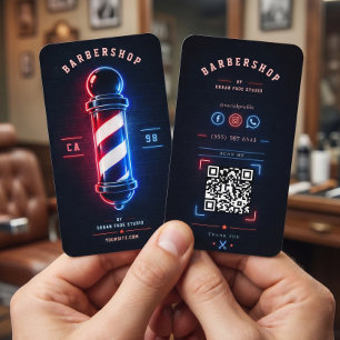 Barbershop Neon Vetgedrukt Blauw Rood Paal Logo Visitekaartje
