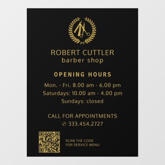 Barbershop openingsuren goud zwart logo QR CODE Raamsticker (Vel)