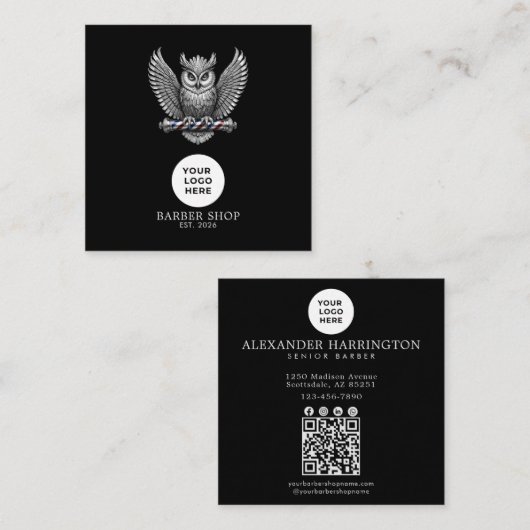 Barbershop Silver Owl Professioneel Logo Qr Code Vierkante Visitekaartje (Voorkant / Achterkant)