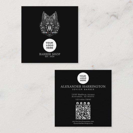 Barbershop Silver Wolf Professionele Logo Qr Code Vierkante Visitekaartje (Voorkant / Achterkant)