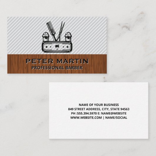 Barbershop Tools Embleem | Houten Afwerking Visitekaartje (Voorkant / Achterkant)