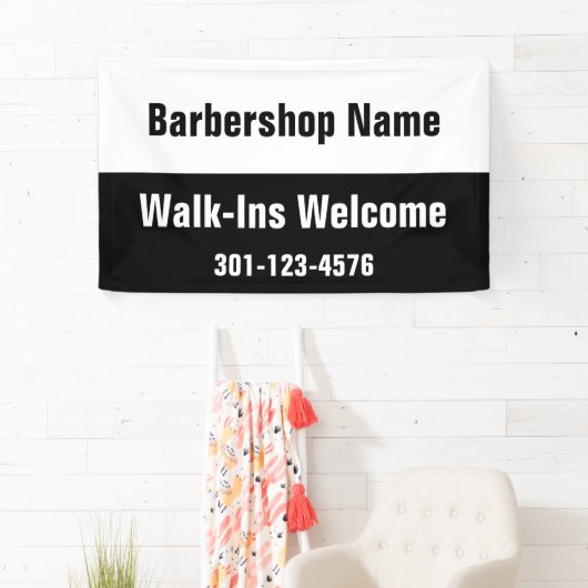 Barbershop Walk-Ins Welkome Zwarte Witte Sjabloon Spandoek (Insitu)