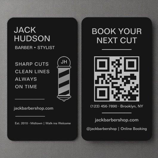 Barbershop Zwart Zilver Barber Haircut QR Code Visitekaartje