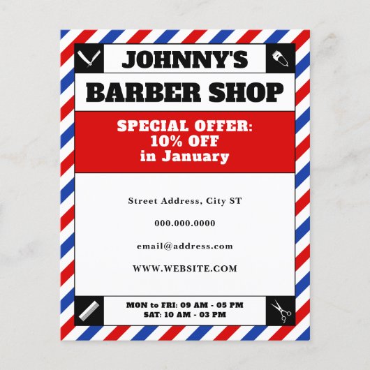 Barberstrepen rood en blauw lijst flyer (Voorkant)