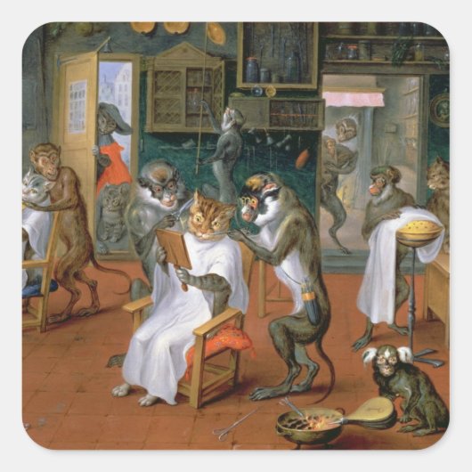 Barberwinkel met apen en katten vierkante sticker (Voorkant)