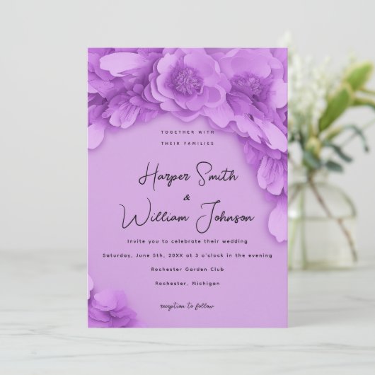 Barbie-geïnspireerde paarse 3D bloemenbruiloft Kaart (Staand voorkant)