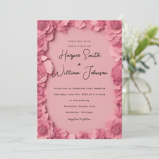 barbiecore bloemenbruiloft uitnodiging (Staand voorkant)