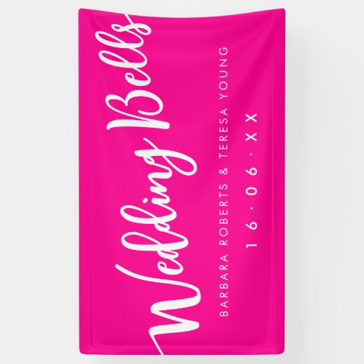 Barbiecore Heet Roze Wit Kalligrafie Bruiloft Spandoek (Verticaal)