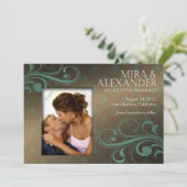 Barbizon Damask Scroll - bruin|teal Bruiloft Kaart (Staand voorkant)