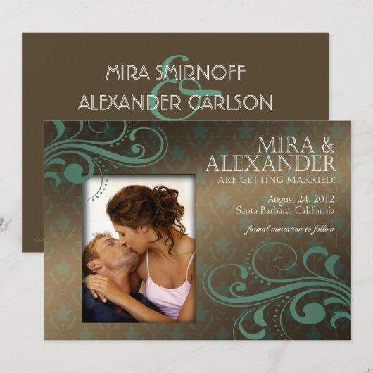 Barbizon Damask Scroll - bruin|teal Bruiloft Kaart (Voorkant / Achterkant)