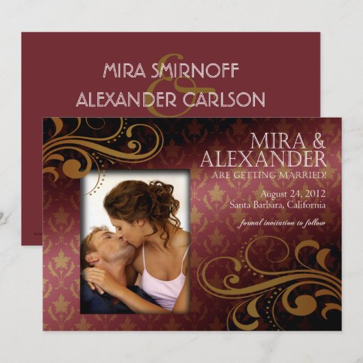 Barbizon Damask Scroll - dk roos|goud Trouwen Kaart (Voorkant / Achterkant)