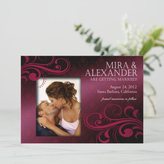 Barbizon Damask Scroll - fuchsia|magenta Trouwen Kaart (Staand voorkant)