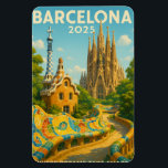 Barcelona 2025 – waar dromen vorm krijgen magneet<br><div class="desc">Reisposter met de titel "Barcelona 2025 – Where Dreams Take Shape",  met de grillige architectuur van Antoni Gaudí. Het poster beschikt over de Sagrada Família met zijn ingewikkelde torenspitsen en Park Güell</div>