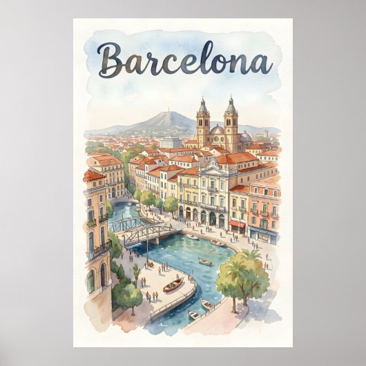 Barcelona aquarel kunst poster (Voorkant)