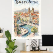 Barcelona aquarel kunst poster (Thuiskantoor)