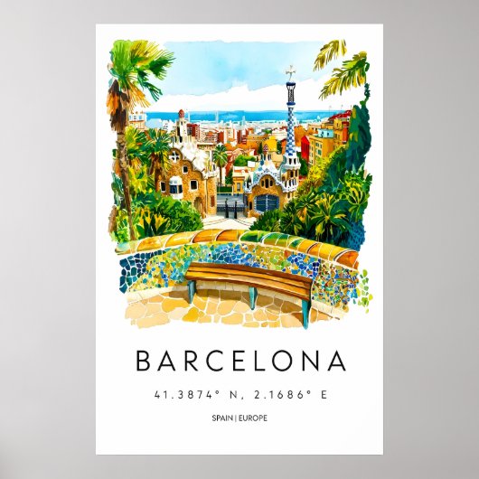 Barcelona Aquarel Poster Barcelona Reisprent (Voorkant)