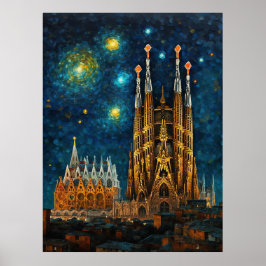 Barcelona Basiliek Sagrada Família Sterrennacht Poster